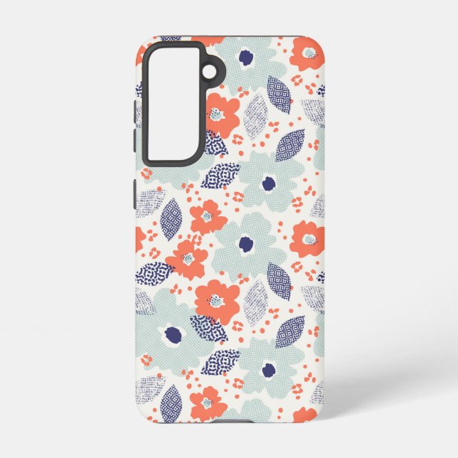 Coque Samsung Galaxy Motif à fleurs moderne orange et bleu (Verso)