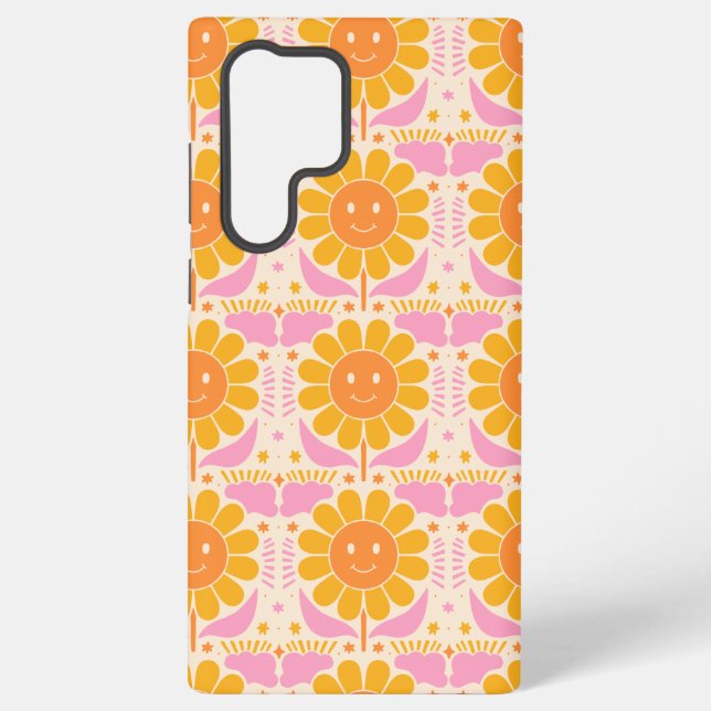 Coque Samsung Galaxy Motif de Fleur Joyeux Rose Jaune Rétro (Verso)