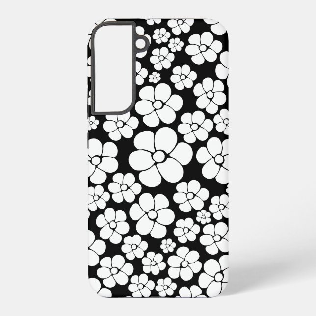 Coque Samsung Galaxy Motif Fleur rétro en blanc sur noir (Verso)