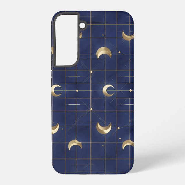 Coque Samsung Galaxy Navy Blue Moon and Gold Grid Design (Verso)