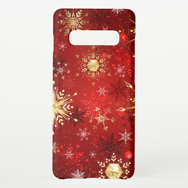 Coque Samsung Galaxy Noël Golden Snowflakes sur Arrière - plan rouge (Dos)