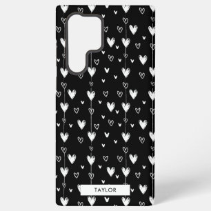 Coque Samsung Galaxy Noir Blanc Doodle Hearts Motif Monogramme Nom