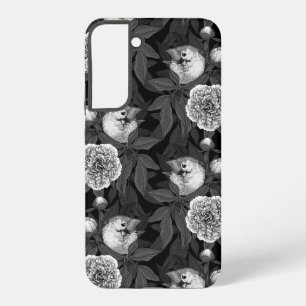 Coque Samsung Galaxy Oiseaux et fleurs de pivoines monochromes, gris