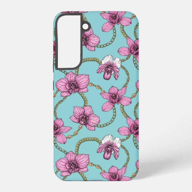 Coque Samsung Galaxy Orchidées et chaînes, roses et bleues (Verso)