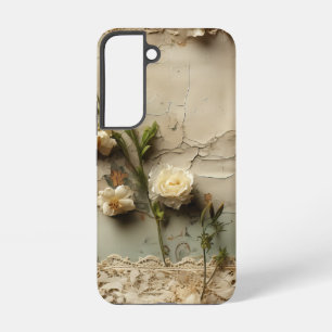 Coque Samsung Galaxy Papier Vieilli avec Motif de Fleur Rustique Blanch