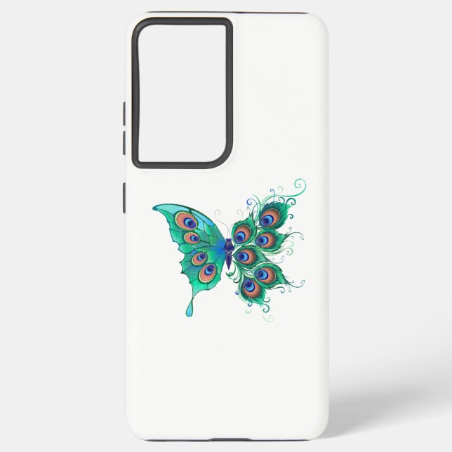 Coque Samsung Galaxy Papillon aux plumes de paon vert (Verso)