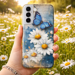 Coque Samsung Galaxy Papillon Bleu Vintage et Marguerites – Cottagecore