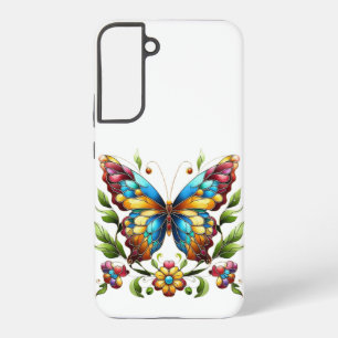 Coque Samsung Galaxy Papillon en vitrail coloré avec fleurs