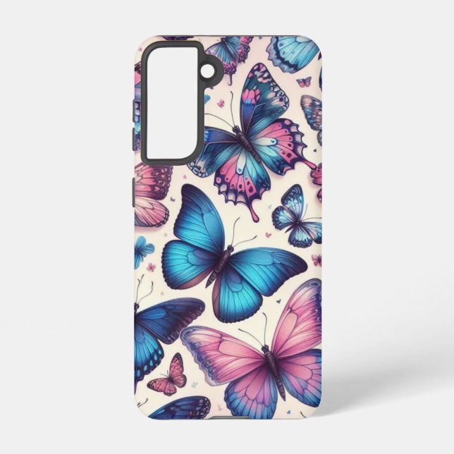 Coque Samsung Galaxy Papillons d'été ; motif en rose et bleu (Verso)