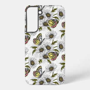 Coque Samsung Galaxy Papillons Jézabel et fleurs marguerites sur blanc