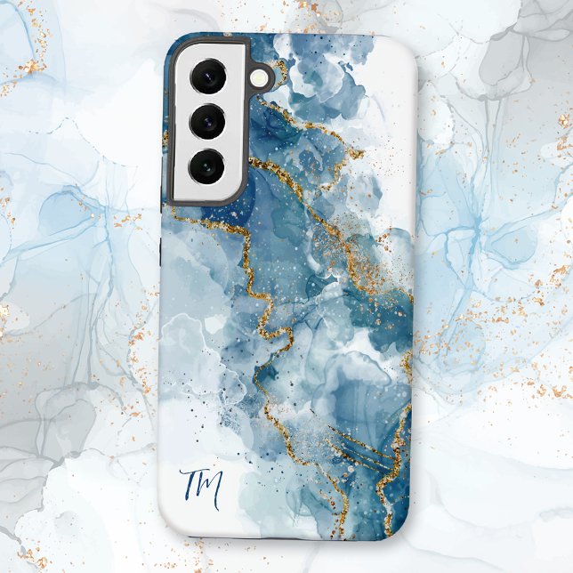 Coque Samsung Galaxy Parties scintillant Abstraite bleue/or Monogramme  (Créateur téléchargé)