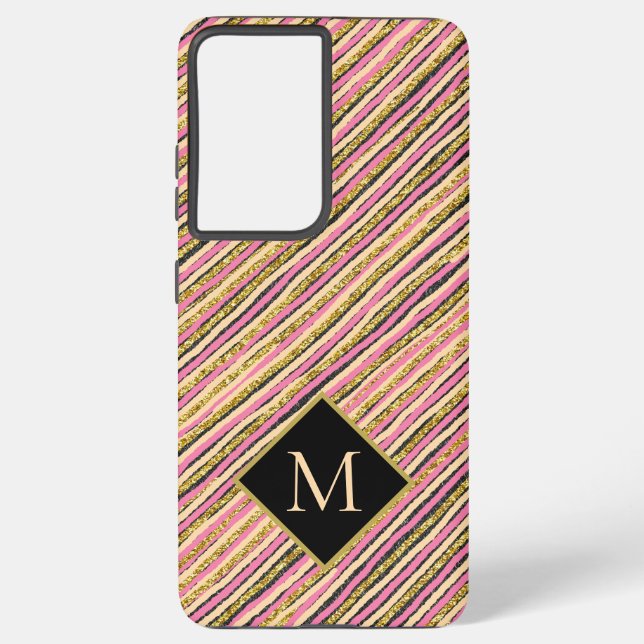 Coque Samsung Galaxy Parties scintillant Or de luxe rayures Monogram (Verso)