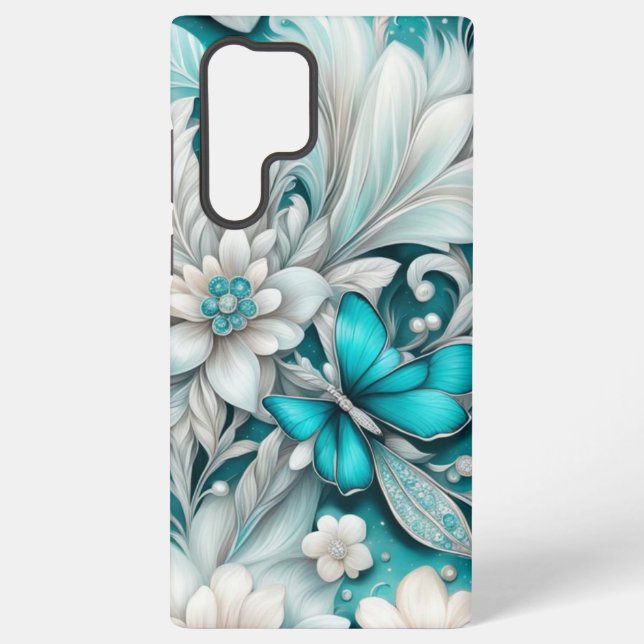 Coque Samsung Galaxy Plumes turquoises Fluffy Blanches (Verso)