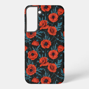 Coque Samsung Galaxy Poppies, rouge et bleu sur noir