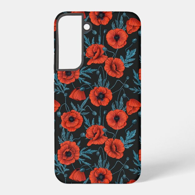 Coque Samsung Galaxy Poppies, rouge et bleu sur noir (Verso)
