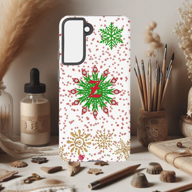 Coque Samsung Galaxy Red Green Golden Snowflakes Xmas Custom Monogramme (Red Green Golden Snowflakes Xmas Custom Monogram Samsung Galaxy Case)