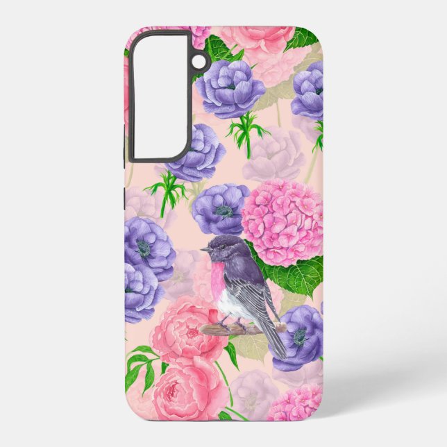 Coque Samsung Galaxy Robin et fleurs, motif aquarelle (Verso)