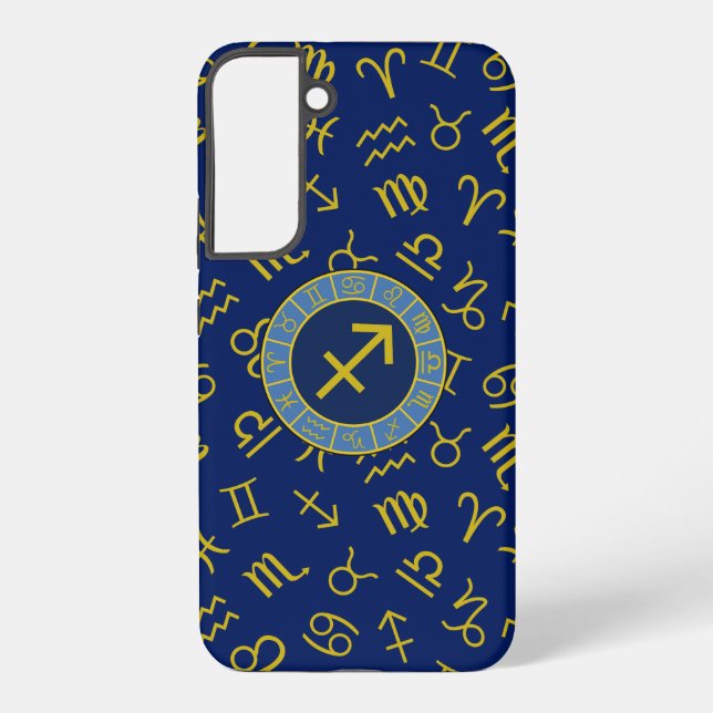 Coque Samsung Galaxy Sagittaire Zodiac+Astrologie Symboles Ptn Gld+Blue (Verso)