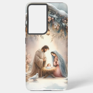 Coque Samsung Galaxy Scène de la Nativité rustique avec fleurs d'hiver