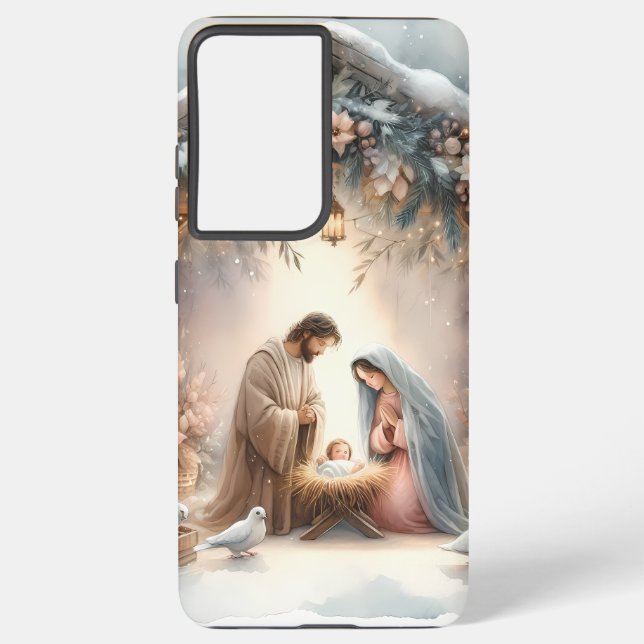 Coque Samsung Galaxy Scène de la Nativité rustique avec fleurs d'hiver (Verso)