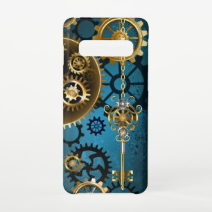 Coque Samsung Galaxy S10 Steampunk Arrière - plan turquoise avec Gears