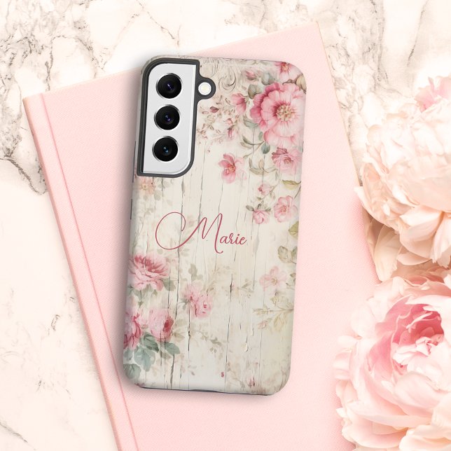 Coque Samsung Galaxy Style chalet rustique Roses sur bois ancien avec n (Créateur téléchargé)