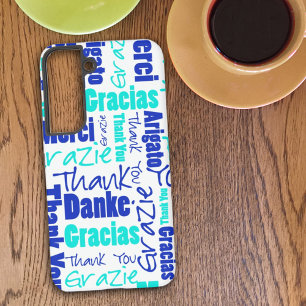 Coque Samsung Galaxy Topographie multilingue bleu turquoise Merci 