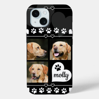 Coque Pour iPhone 15 3 Photo Collage Nom du chien Coeur noir et blanc