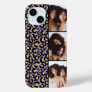 Coque Pour iPhone 15 3 Photo Imprimé Léopard Violet Et Or