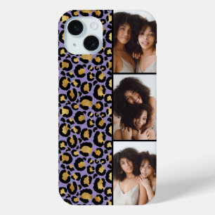Coque iPhone 15 Mini 3 Photo Imprimé Léopard Violet Et Or