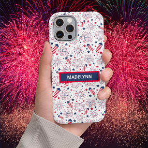 Coques iPhone 16 Pro Max 4 juillet Motif Fireworks Nom personnalisé
