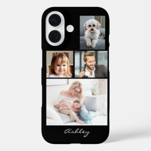 Coque Pour iPhone 16 4 photos de famille ou d'amis, nom écrit sur fond