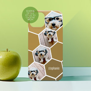 Coque Pour iPhone 14 4 photos en collage - motif hexagone funky or