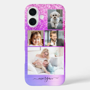 Coque Pour iPhone 16 4 Photos, Métal Violet Faux Brossé, Paillettes, No