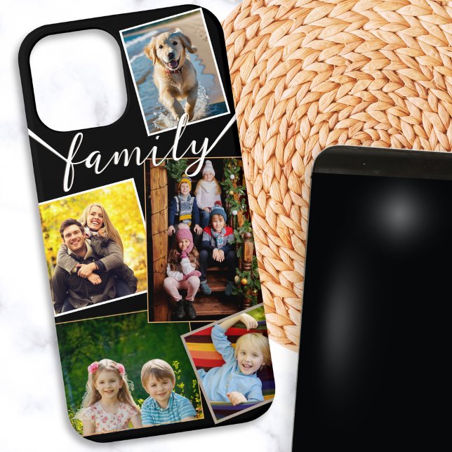 Coques Case-Mate iPhone 5 Collage Photo Moderne Noir Blanc Élégant (A stylish phone case to personalize with 5 of your favorite photos, and script text 'family')