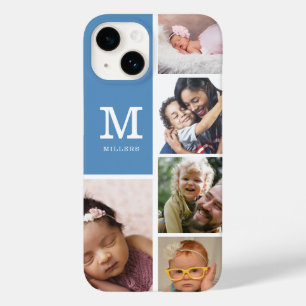 Coque Pour iPhone 14 5 Photo Collage Famille Monogramme Nom Ardoise Ble