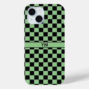 Coque Pour iPhone 15 à damiers (à damiers) Noir et Vert Initiales Nom