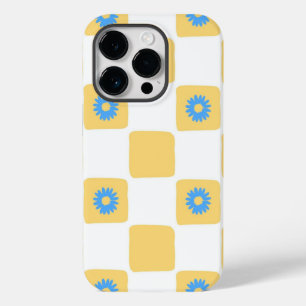 Coque Pour iPhone 14 Pro À damiers Jaune Blanc Avec Motif Fleur Bleu