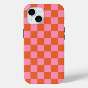 Coque Pour iPhone 15 à damiers orange et rose