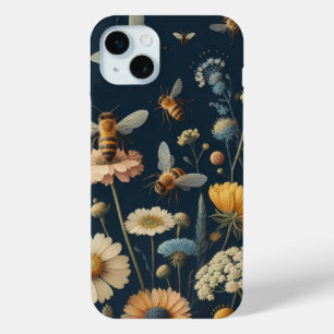 Coque iPhone 15 Mini Abeilles et Fleurs sauvages en bleu foncé