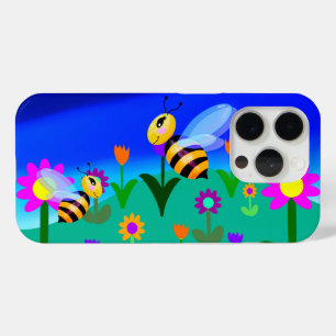 Coque iPhone 15 Pro Abeilles heureuses dans un champ de fleurs
