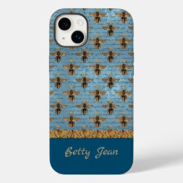 Coque Pour iPhone 14 Plus Abeilles vintages sur Damas bleu avec écriture man
