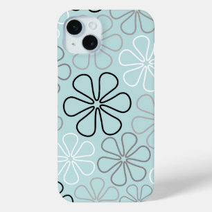 Coque iPhone 15 Mini Abstrait Big Flower Outlines BWG+Duck Egg Blue