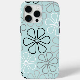 Coque iPhone 15 Pro Max Abstrait Big Flower Outlines BWG+Duck Egg Blue
