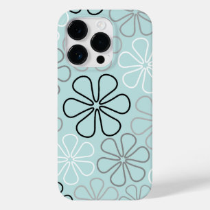 Coque Pour iPhone 14 Pro Abstrait Big Flower Outlines BWG+Duck Egg Blue