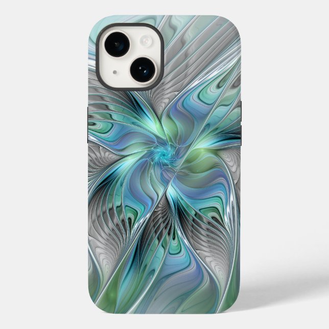 Coques Case-Mate iPhone Abstrait Bleu Vert Papillon Imaginaire Fractal Art (Verso)