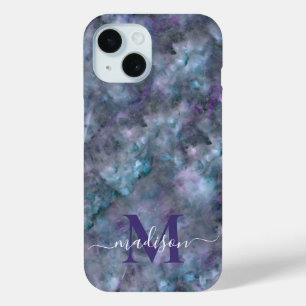 Coque Pour iPhone 15 Abstrait bleu violet turquoise quartz marbre grani