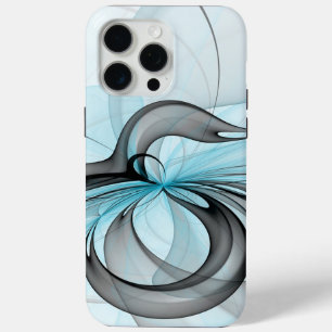 Coque iPhone 15 Pro Max Abstrait Gris Bleu Anthracite Art Fractal Moderne