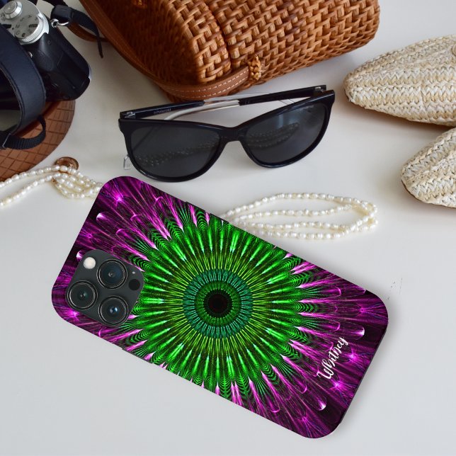 Coques Case-Mate iPhone Abstrait moderne vert violet fractal Mandala Nom (Créateur téléchargé)