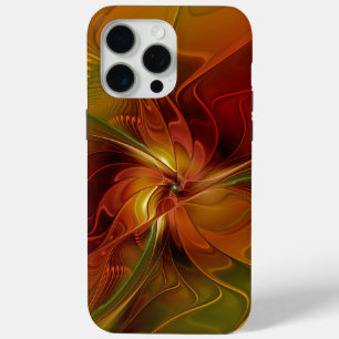 Coque iPhone 15 Pro Max Abstrait Rouge Orange Brown Vert Fractal Art Flowe